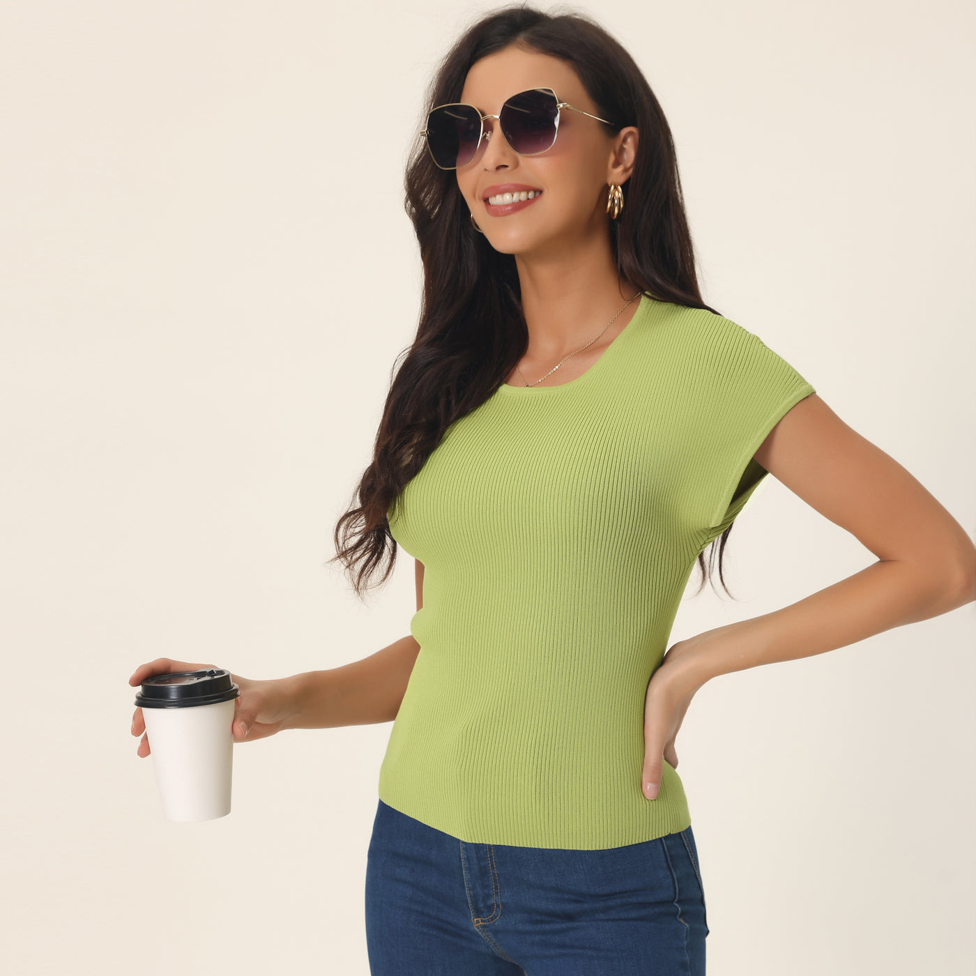 Bublédon Women's Casual Cap Sleeve Knit T Shirts Crewneck Basic Summer Tops Slim Fit Solid Color Blouse