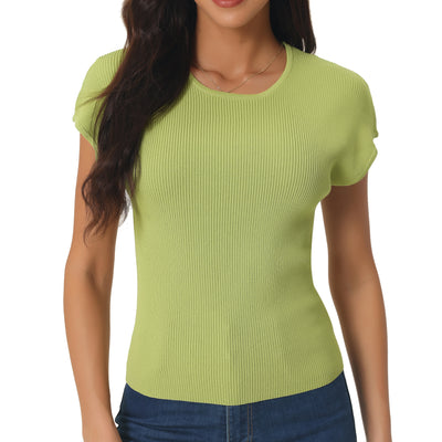 Women's Casual Cap Sleeve Knit T Shirts Crewneck Basic Summer Tops Slim Fit Solid Color Blouse