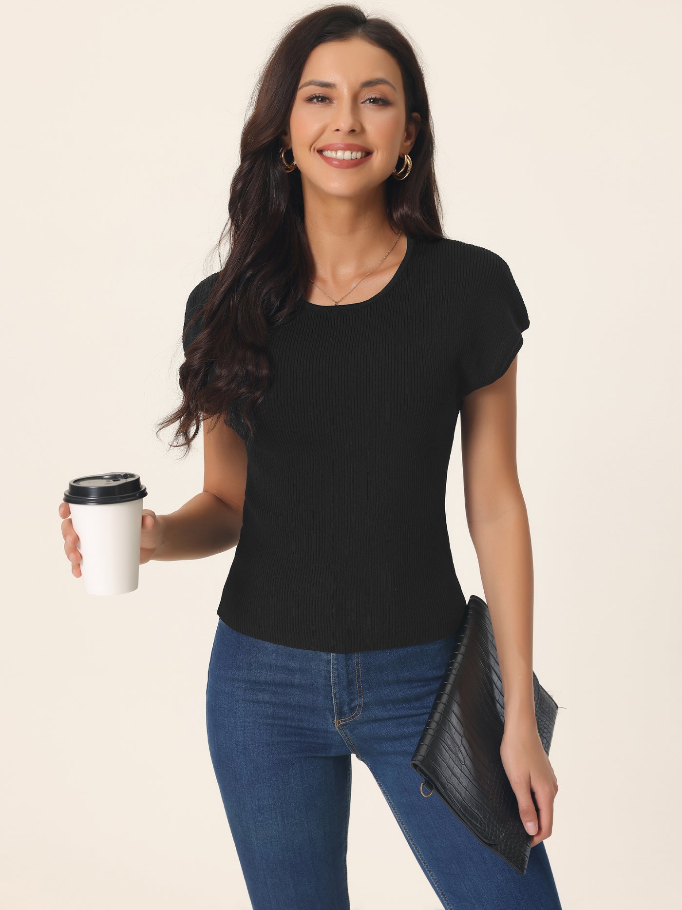Bublédon Women's Casual Cap Sleeve Knit T Shirts Crewneck Basic Summer Tops Slim Fit Solid Color Blouse