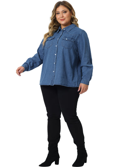 Plus Size Denim Shirt for Women Long Sleeve Button Down Jean Pockets Jacket Work Tops
