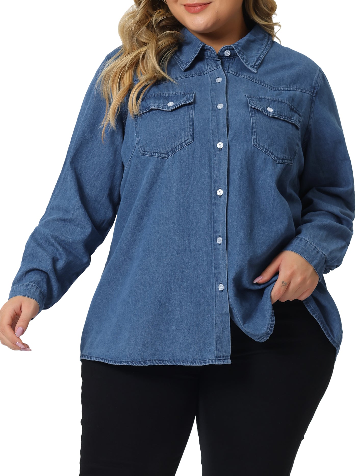 Bublédon Plus Size Denim Shirt for Women Long Sleeve Button Down Jean Pockets Jacket Work Tops