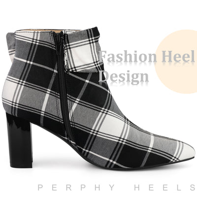 Perphy Plaid Pointy Toe Rhinestone Bow Decor Zipper Chunky Heels Ankle Boots for Women