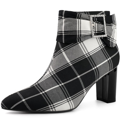 Bublédon Plaid Pointy Toe Rhinestone Bow Decor Zipper Chunky Heels Ankle Boots for Women