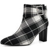 Perphy Plaid Pointy Toe Rhinestone Bow Decor Zipper Chunky Heels Ankle Boots for Women