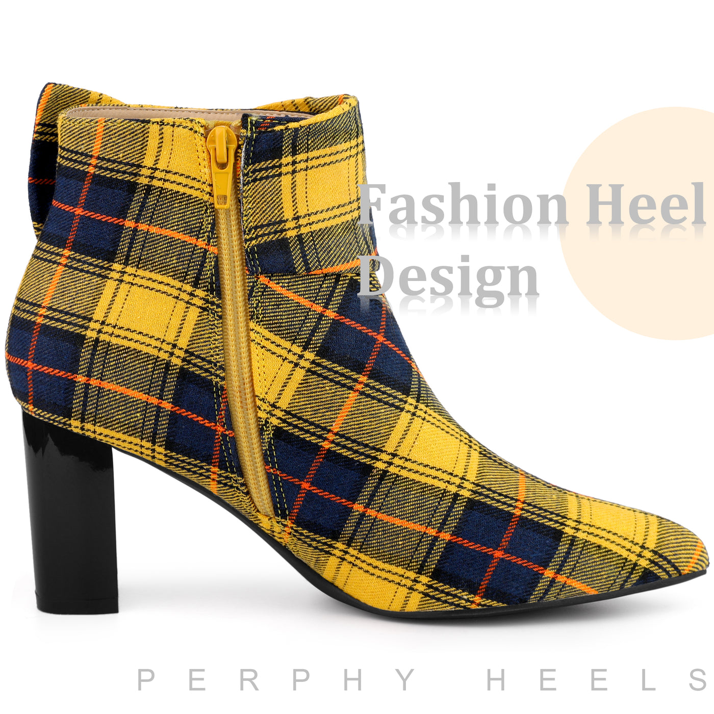 Bublédon Perphy Plaid Pointy Toe Rhinestone Bow Decor Zipper Chunky Heels Ankle Boots for Women