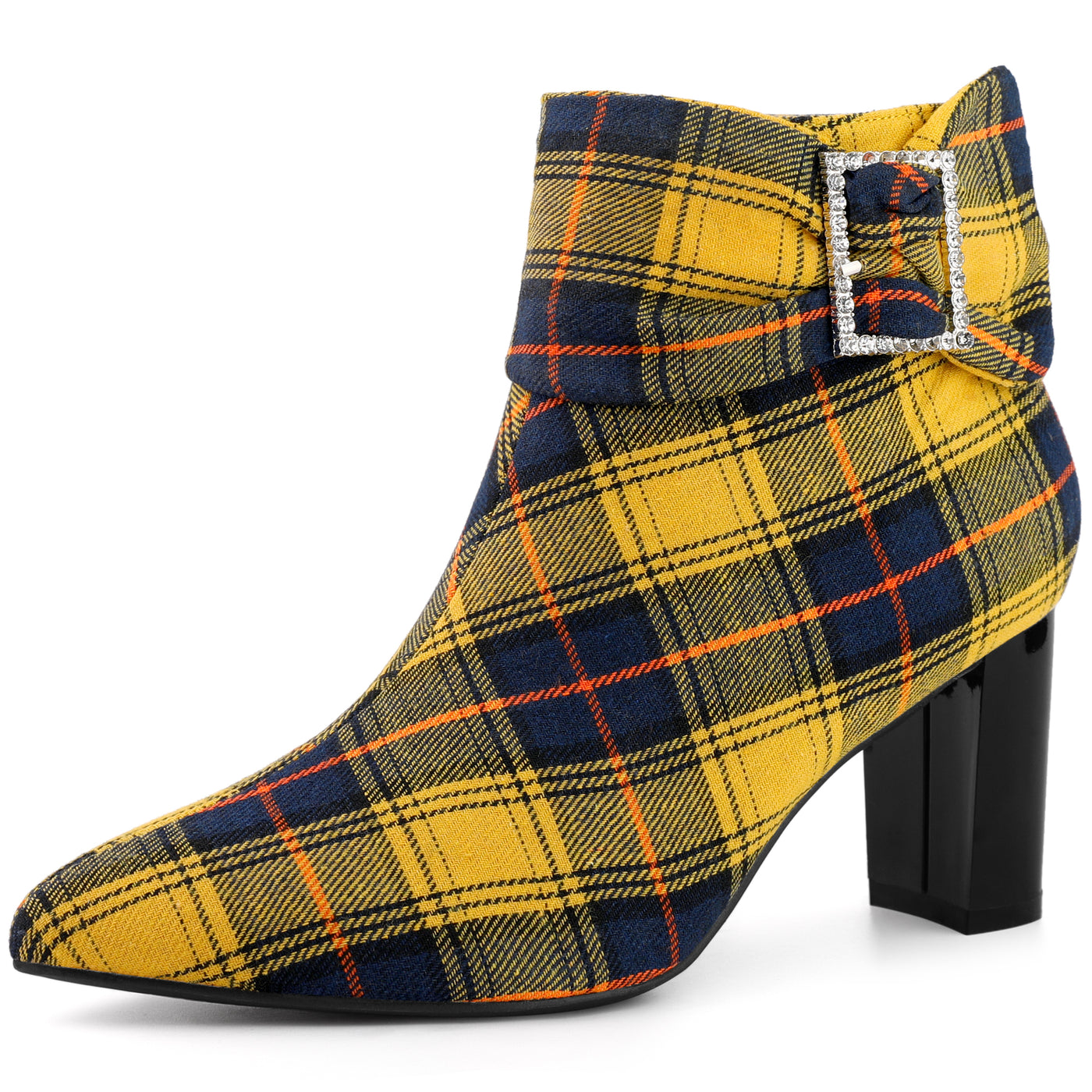 Bublédon Perphy Plaid Pointy Toe Rhinestone Bow Decor Zipper Chunky Heels Ankle Boots for Women
