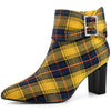 Perphy Plaid Pointy Toe Rhinestone Bow Decor Zipper Chunky Heels Ankle Boots for Women