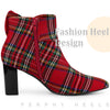 Perphy Plaid Pointy Toe Rhinestone Bow Decor Zipper Chunky Heels Ankle Boots for Women