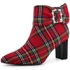 Perphy Plaid Pointy Toe Rhinestone Bow Decor Zipper Chunky Heels Ankle Boots for Women