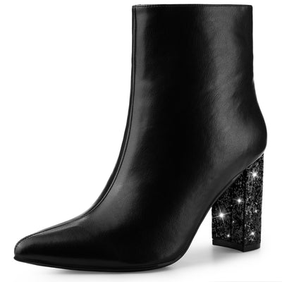 Bublédon Perphy Glitter Heel Pointy Toe Zipper Chunky Heels Ankle Boots for Women