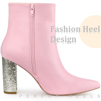 Perphy Glitter Heel Pointy Toe Zipper Chunky Heels Ankle Boots for Women