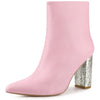 Perphy Glitter Heel Pointy Toe Zipper Chunky Heels Ankle Boots for Women
