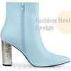 Perphy Glitter Heel Pointy Toe Zipper Chunky Heels Ankle Boots for Women