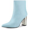 Perphy Glitter Heel Pointy Toe Zipper Chunky Heels Ankle Boots for Women