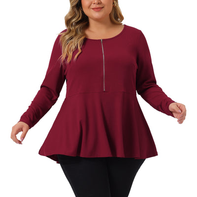 Plus Size Half Zip Up Low Cut Ruffle Loose Casual Solid Blouse
