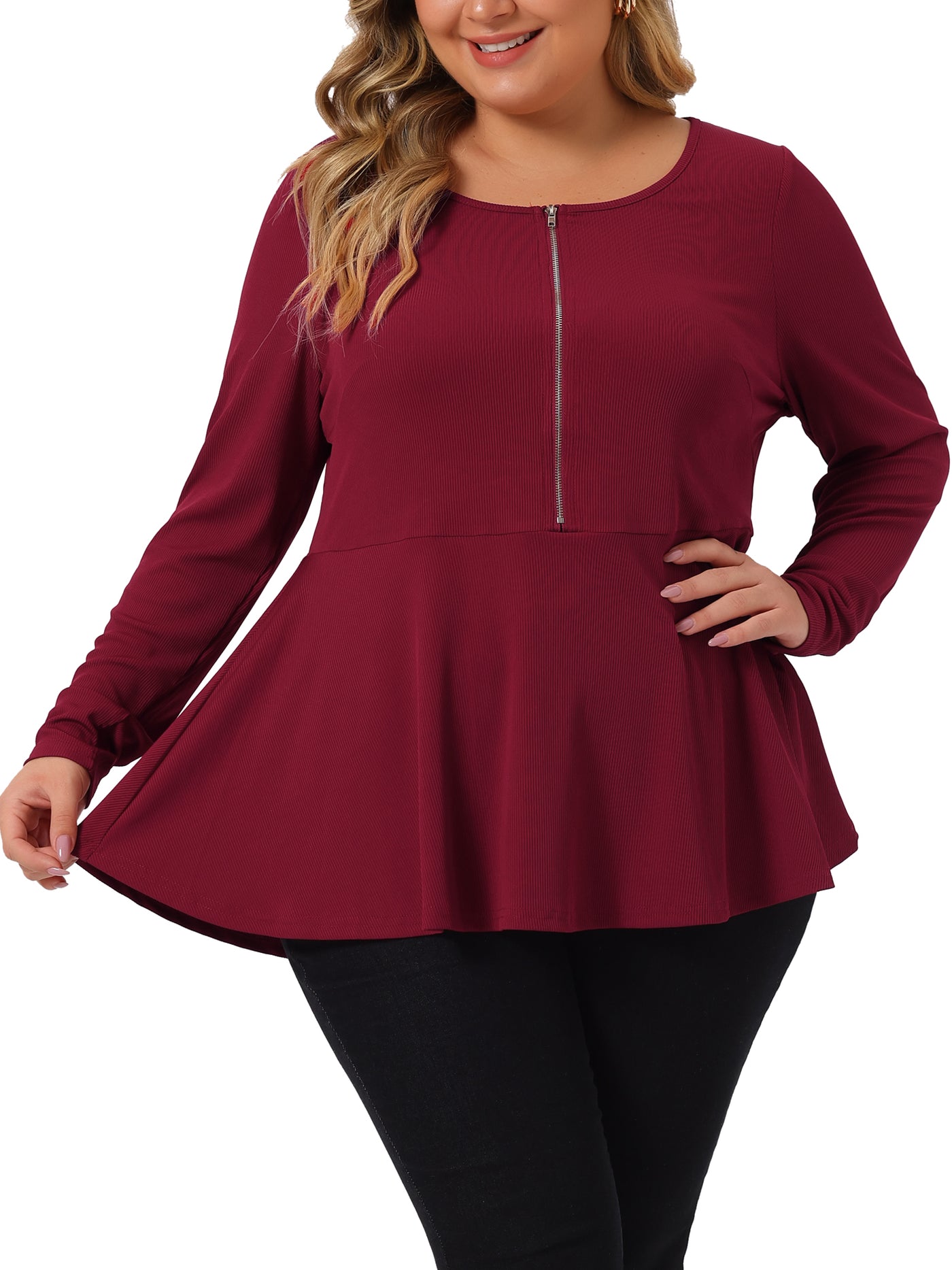Bublédon Plus Size Half Zip Up Low Cut Ruffle Loose Casual Solid Blouse