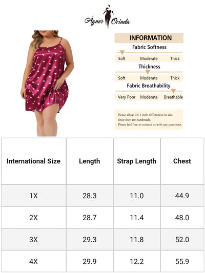 Plus Size Nightgown for Women Camisole Sleeveles Heart Print Lingerie Dress Sleepwear