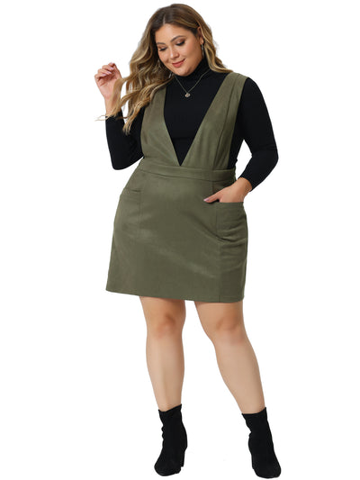 Bublédon Plus Size Overall Dress for Women Faux Suede V Neck Wide Strap Suspender Pockets Pinafore Mini Skirt