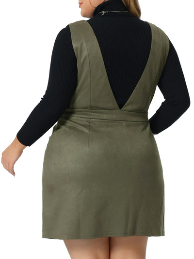 Plus Size Overall Dress for Women Faux Suede V Neck Wide Strap Suspender Pockets Pinafore Mini Skirt