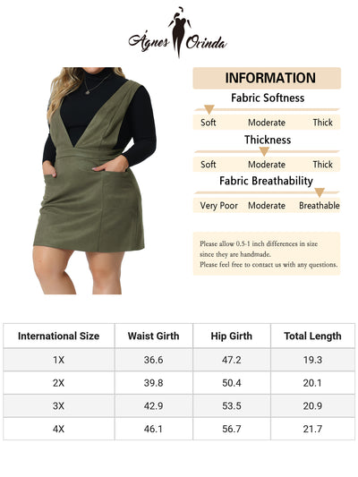 Plus Size Overall Dress for Women Faux Suede V Neck Wide Strap Suspender Pockets Pinafore Mini Skirt
