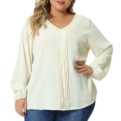 Plus Size Blouses for Women Long Sleeve V Neck Casual Chiffon Pleated Front Tops Shirts