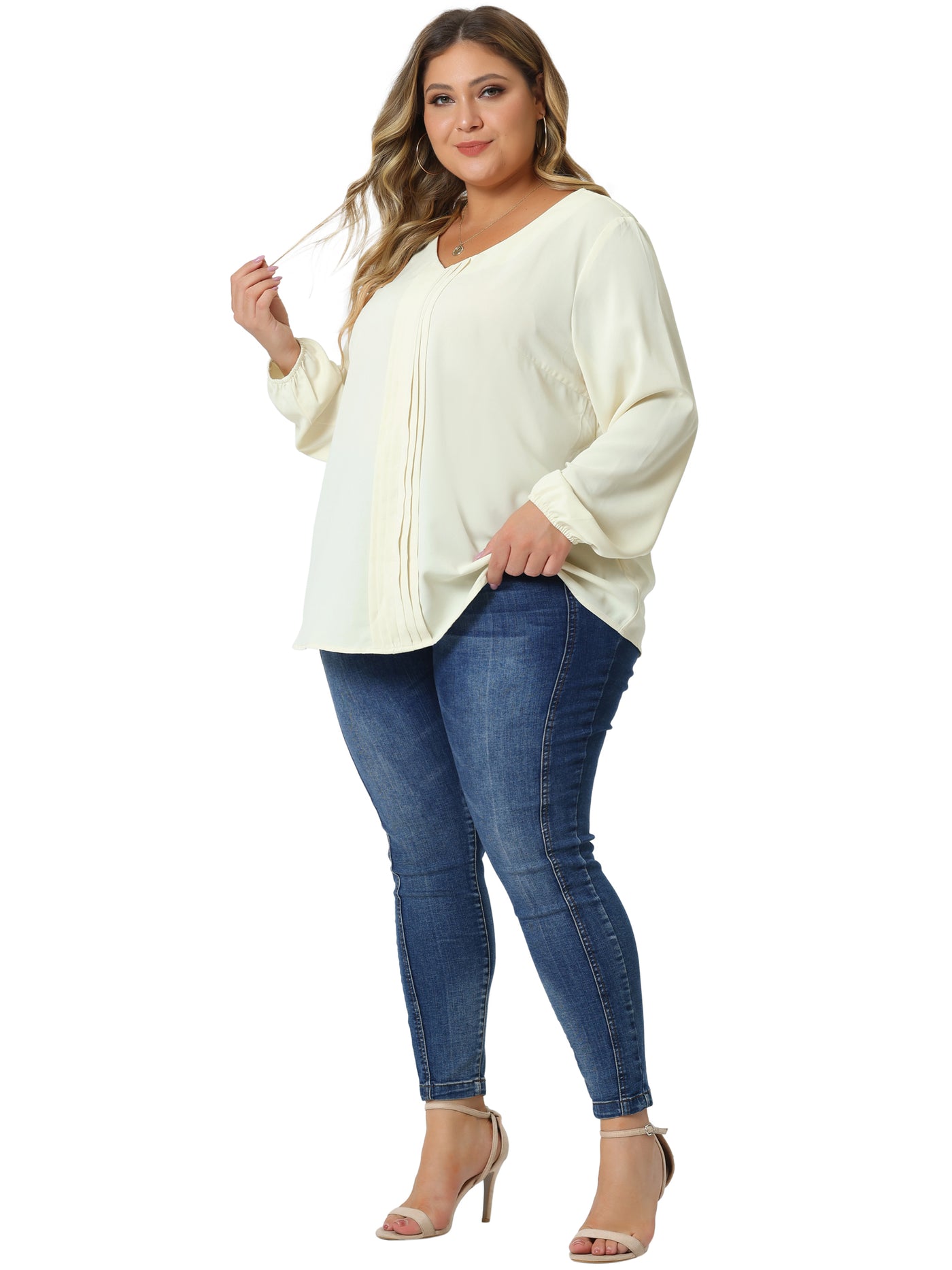 Bublédon Plus Size Blouses for Women Long Sleeve V Neck Casual Chiffon Pleated Front Tops Shirts