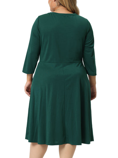 Plus Size Round Neck 3/4 Sleeve Ruched Flare Midi Pocket Dress