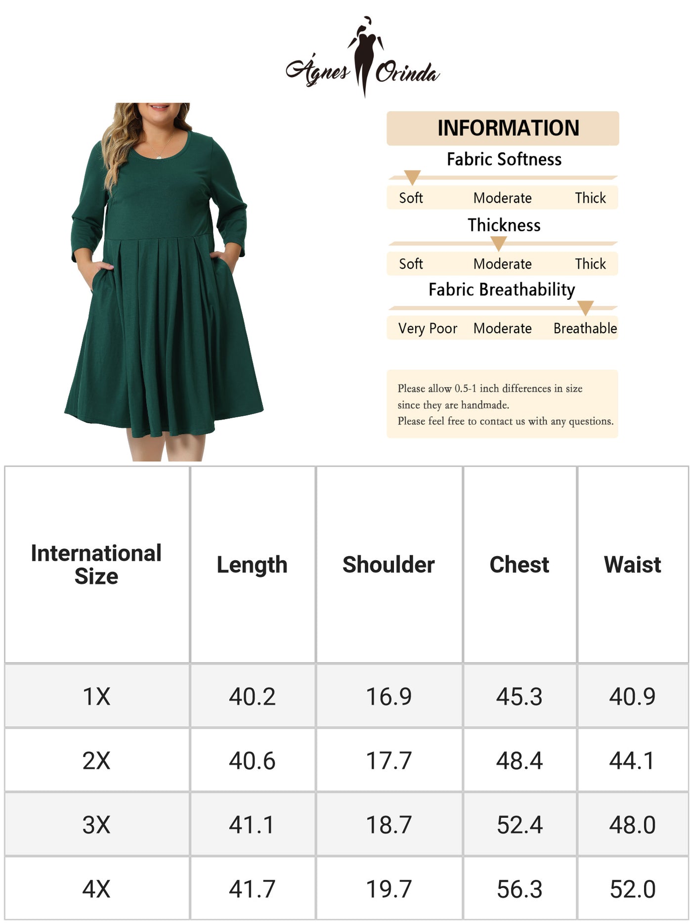 Bublédon Plus Size Round Neck 3/4 Sleeve Ruched Flare Midi Pocket Dress