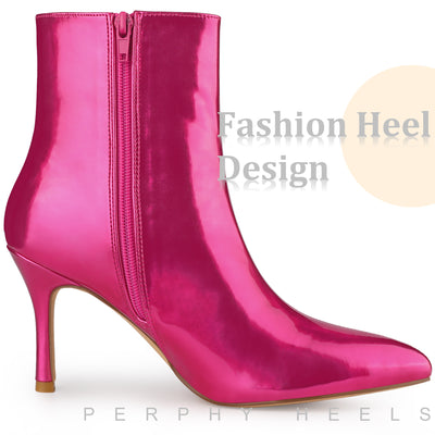 Perphy Mirror Leather Pointy Toe Zipper Stiletto Heels Ankle Boots for Women