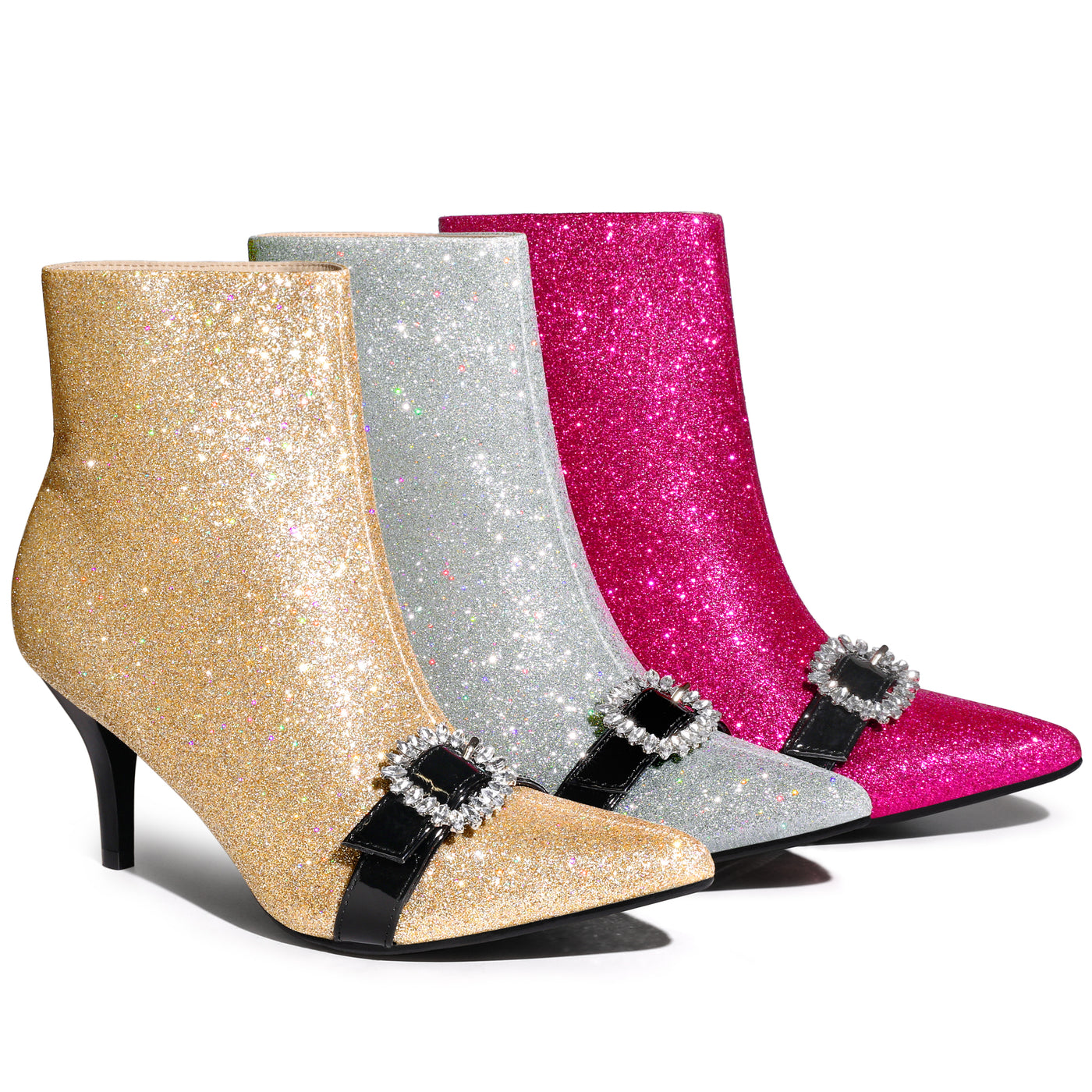 Bublédon Perphy Rhinestones Pointed Toe Stiletto Heel Glitter Ankle Boots for Women