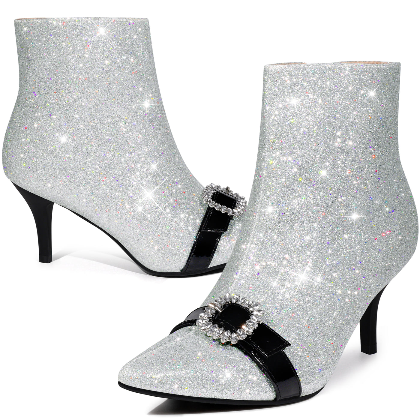 Bublédon Perphy Rhinestones Pointed Toe Stiletto Heel Glitter Ankle Boots for Women