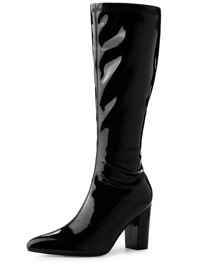 Perphy Go-Go Boot Pointed Toe Side Zip Chunky Heels Knee High Boots
