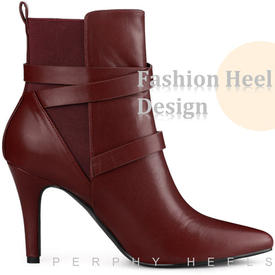 Perphy Pointy Toe Elastic Cross Straps Stiletto Heel Ankle Boots for Women