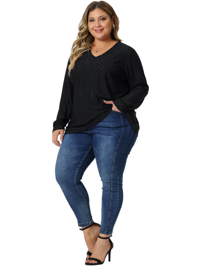 Plus Size V Neck Long Sleeve Hollowed T-Shirt Blouse Tunic Tops
