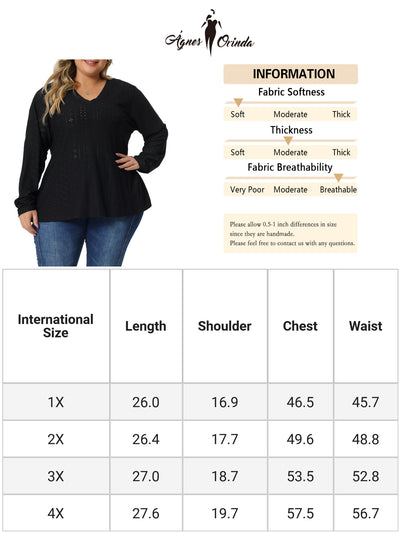 Plus Size V Neck Long Sleeve Hollowed T-Shirt Blouse Tunic Tops