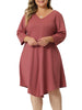 Plus Size Midi Dress for Women V Neck 3/4 Sleeve Casual Swing Loose A-Line Dresses