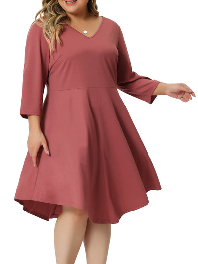 Plus Size Midi Dress for Women V Neck 3/4 Sleeve Casual Swing Loose A-Line Dresses