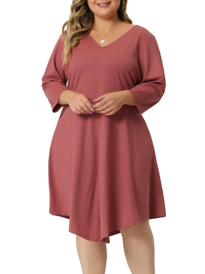 Plus Size Midi Dress for Women V Neck 3/4 Sleeve Casual Swing Loose A-Line Dresses