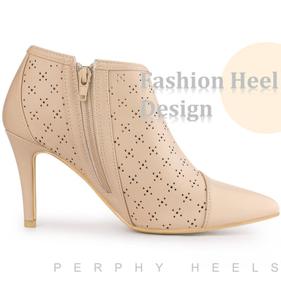 Perphy Perforated Pointed Toe Zipper Stiletto Heels Ankle Boots for Women