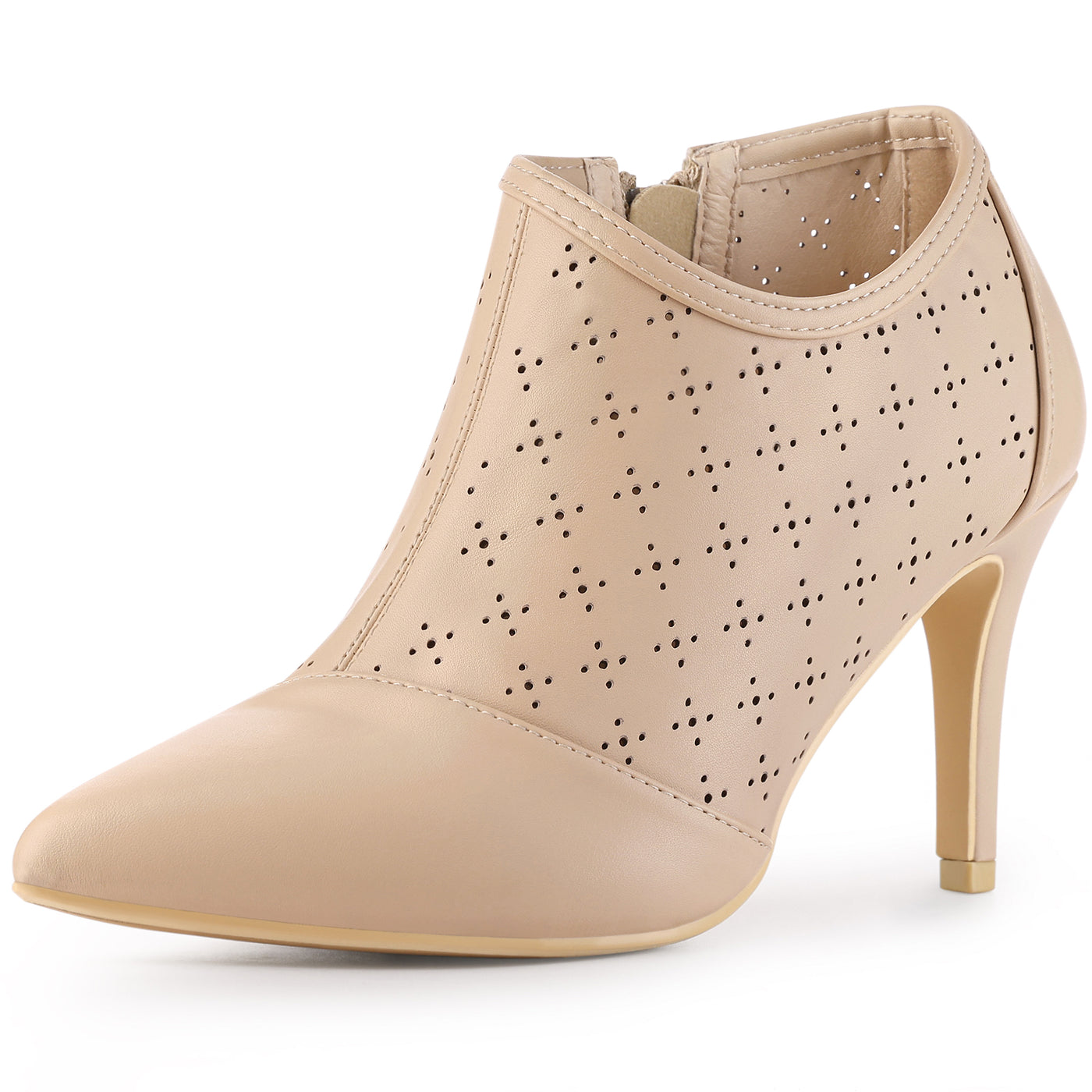 Bublédon Perphy Perforated Pointed Toe Zipper Stiletto Heels Ankle Boots for Women