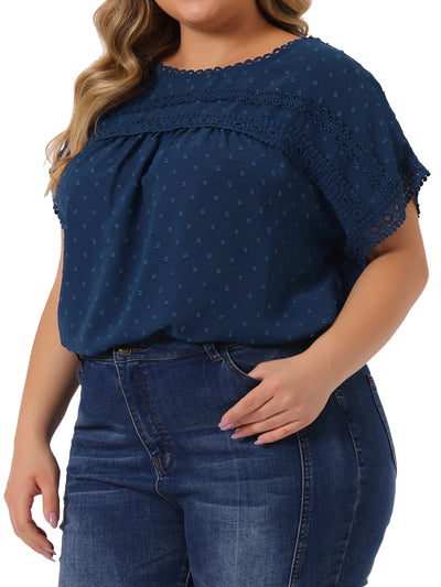 Plus Size Chiffon Blouse for Women Swiss Dots Short Sleeve Lace Crochet Pleated Casual Shirt Top