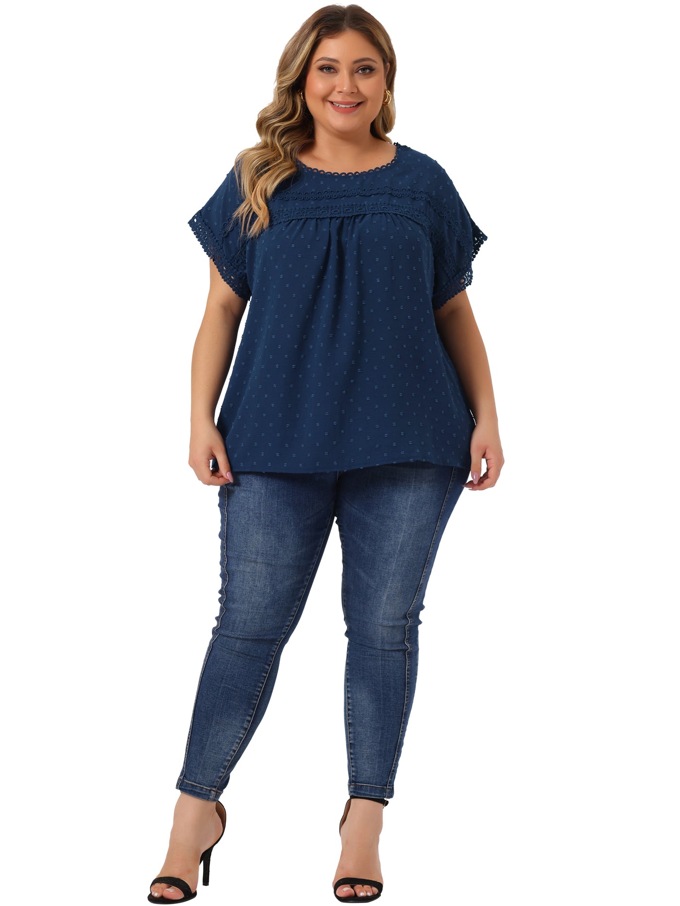 Bublédon Plus Size Chiffon Blouse for Women Swiss Dots Short Sleeve Lace Crochet Pleated Casual Shirt Top