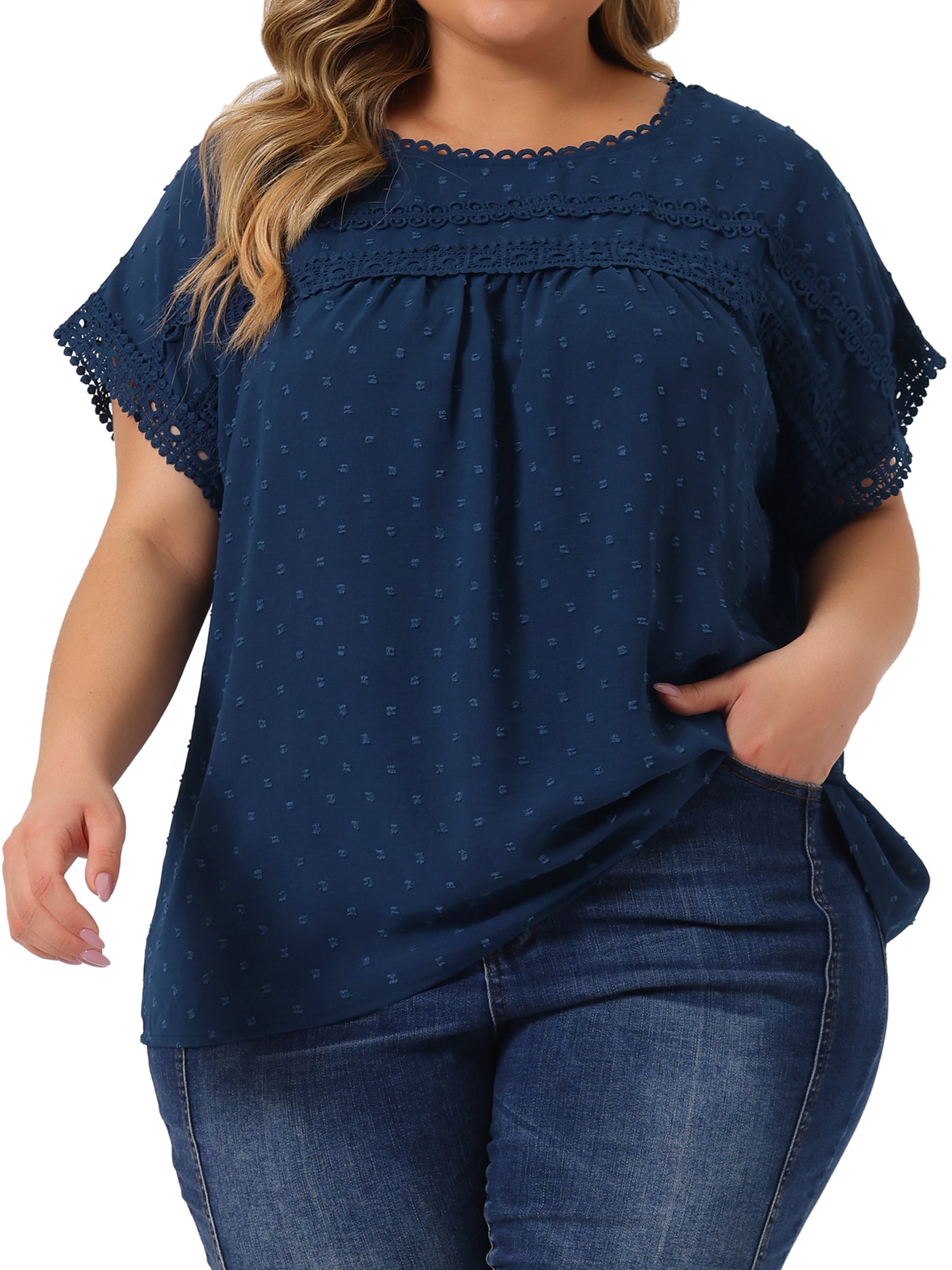 Bublédon Plus Size Chiffon Blouse for Women Swiss Dots Short Sleeve Lace Crochet Pleated Casual Shirt Top