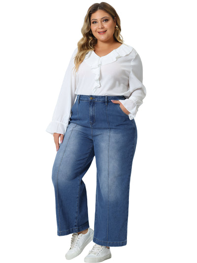 Plus Size Jeans for Women Wide Leg Baggy Washed Stretch with Pockets Denim Ankle Pants