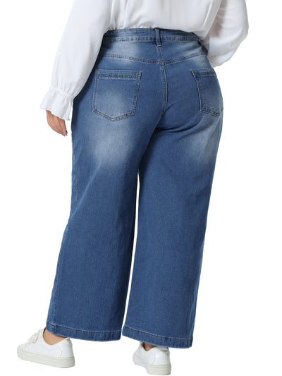 Plus Size Jeans for Women Wide Leg Baggy Washed Stretch with Pockets Denim Ankle Pants