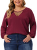 Plus Size Chiffon Blouses for Women V Neck Lace Panel Long Sleeve Elastic Cuff Casual Tops Shirts