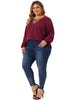 Plus Size Chiffon Blouses for Women V Neck Lace Panel Long Sleeve Elastic Cuff Casual Tops Shirts