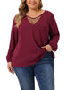 Plus Size Chiffon Blouses for Women V Neck Lace Panel Long Sleeve Elastic Cuff Casual Tops Shirts