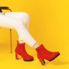 Perphy Round Toe Elastic Mirror Heeled Chunky Heels Boots for Women
