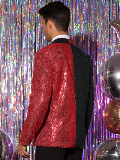 Sequin Blazer for Men's Shawl Lapel Party Disco Shinny Color Block Sports Coats